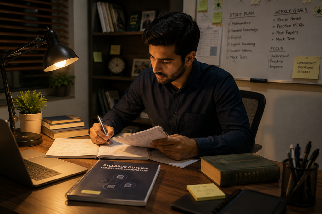 Candidate reviewing written test syllabus notes ahead of the next application stage