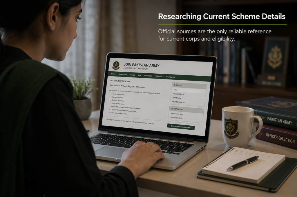 Female candidate researching official recruitment notifications on a laptop at home