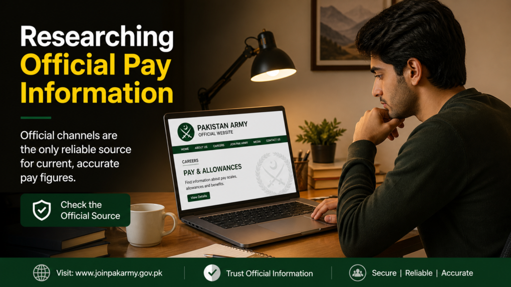 Candidate researching official Pak Army salary information on a laptop at a study desk