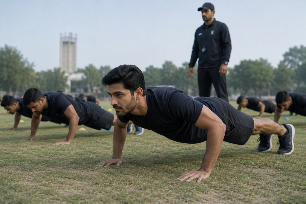 Candidate doing push-ups as part of fitness benchmark training before the screening date