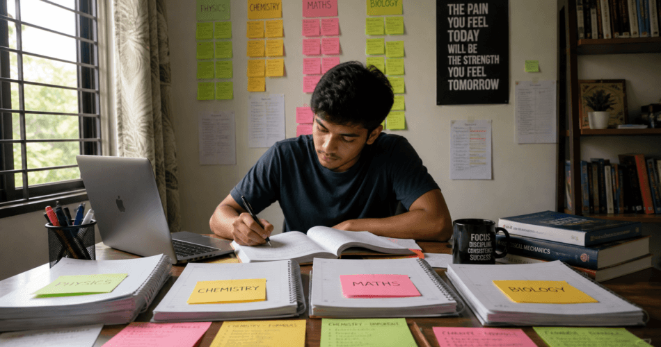 Candidate studying notes covering the Pak Army written test syllabus at a home desk