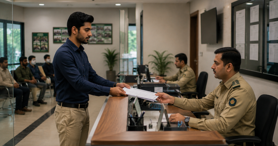 Candidate submitting a Pak Army Long Course application form at a recruitment center