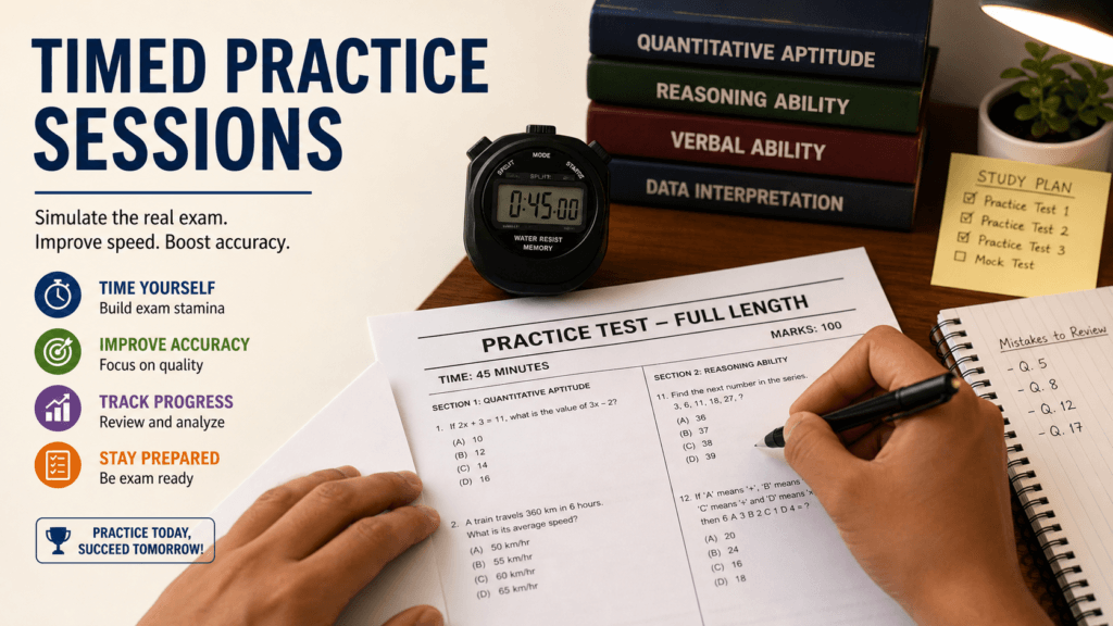 Timed practice test papers spread out during a full written exam preparation session