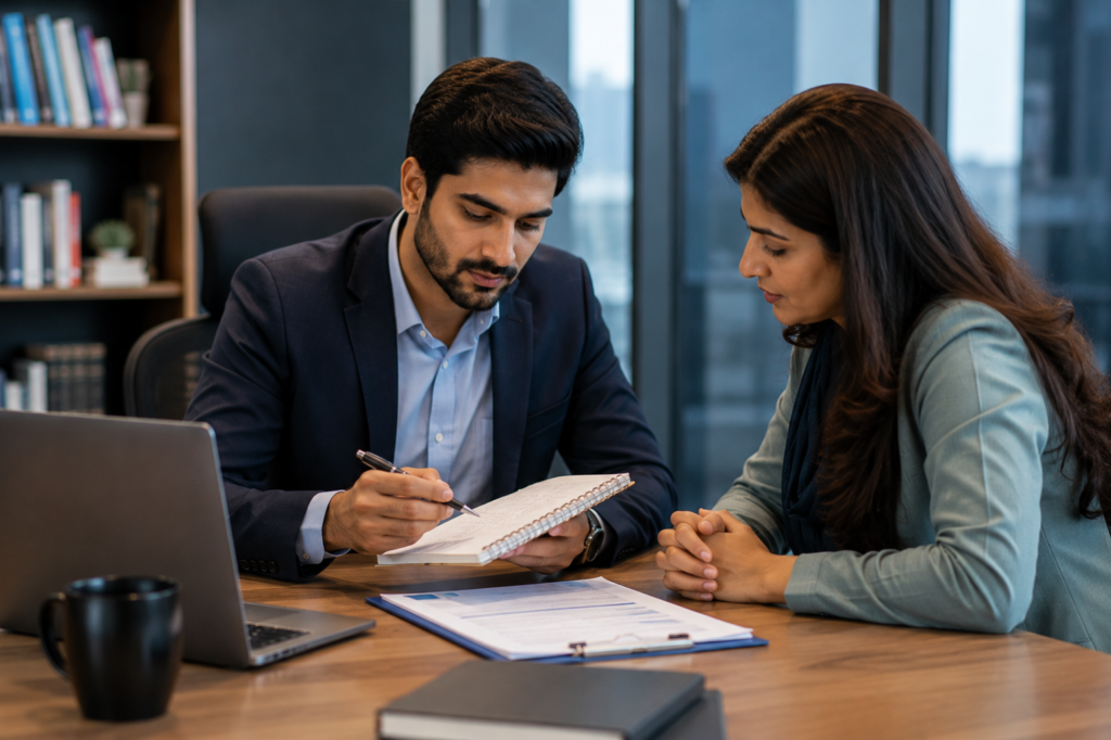 Pakistani professional tracking progress notes during a workplace review meeting