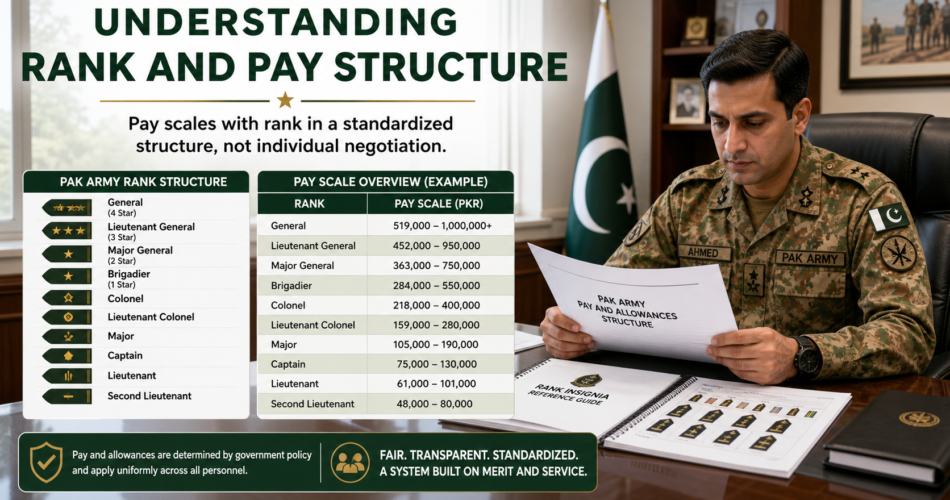 Officer reviewing Pak Army salary and rank structure documents in a formal office