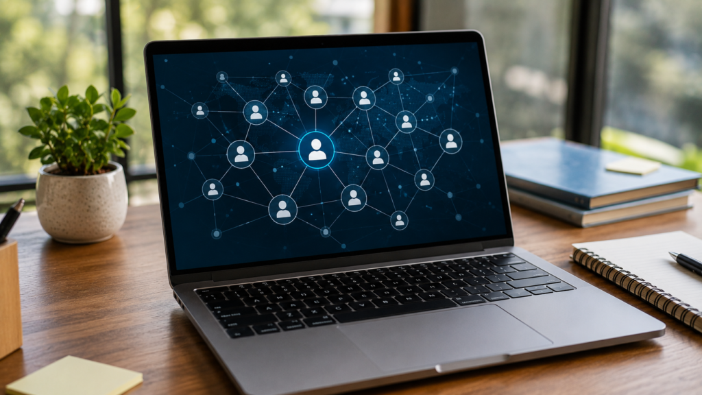Laptop with professional network interface representing networking for career growth