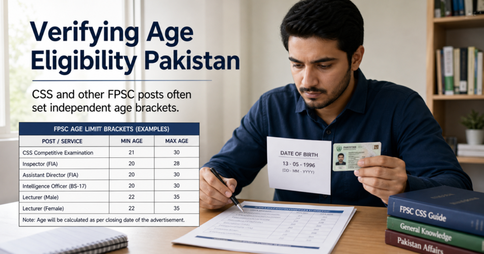 Candidate checking the FPSC age limit brackets against a printed date of birth form
