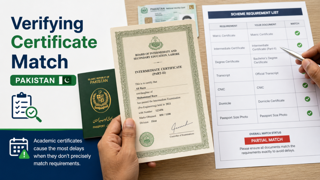 Academic certificates and identity documents checked against a scheme requirement list