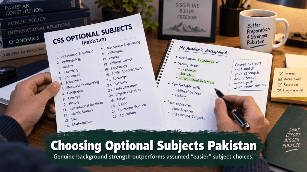 Optional subject list reviewed against personal academic background for CSS choice