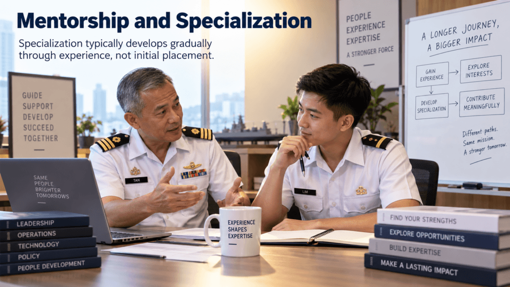 Senior officer mentoring a junior colleague about long-term specialization choices