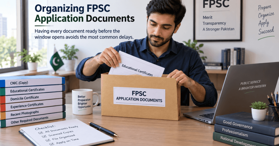 Candidate organizing FPSC documents required for application in a labeled folder