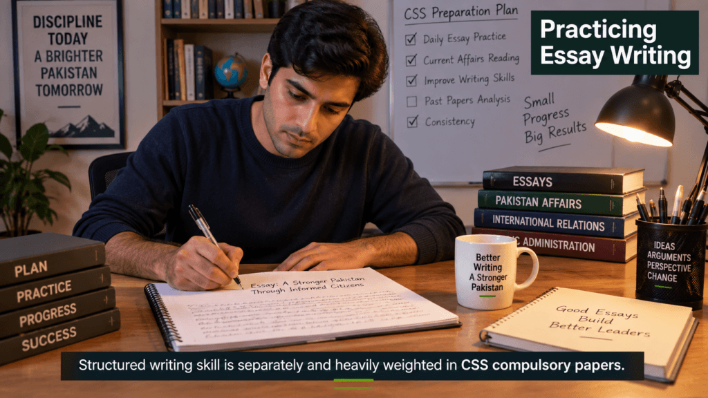 Candidate practicing essay writing as part of structured FPSC exam preparation daily