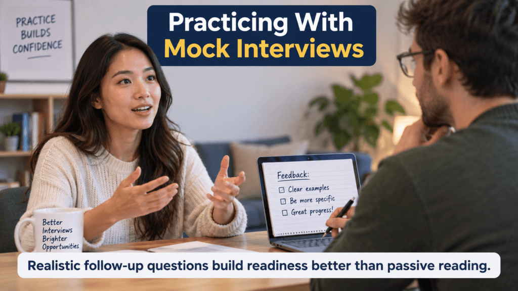 Candidate practicing mock interview responses with a friend giving honest feedback