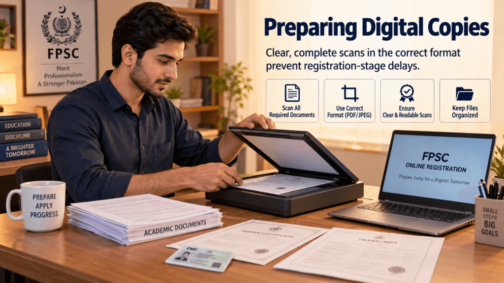 Candidate scanning academic documents to prepare digital copies for FPSC registration
