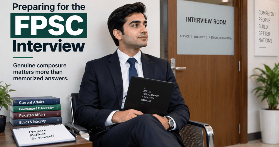 Candidate in formal attire doing FPSC interview preparation before a panel discussion