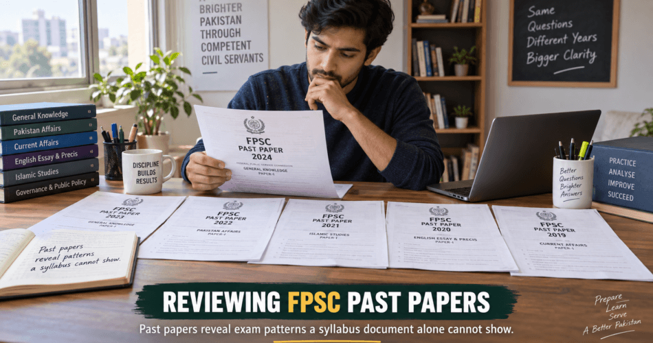 Candidate reviewing several years of FPSC past papers spread out across a study table