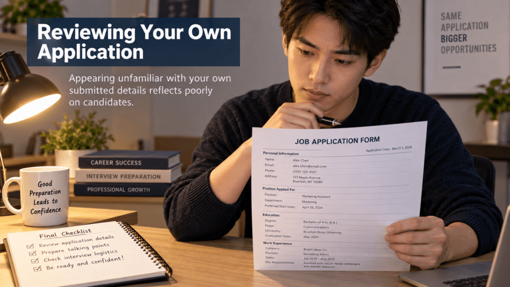 Candidate reviewing their own submitted application details before the interview date