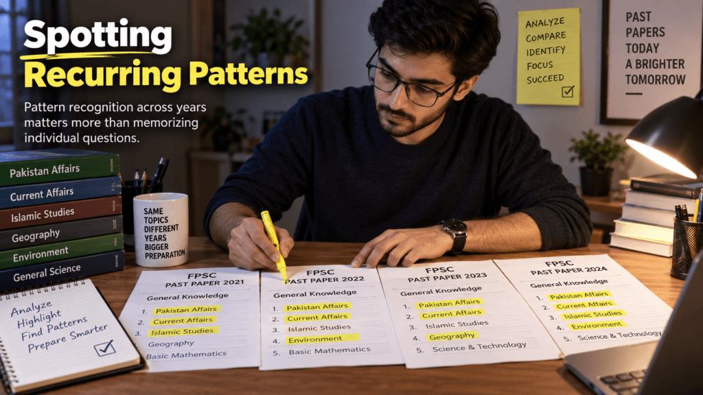 Candidate marking recurring topic patterns while comparing multiple FPSC past papers