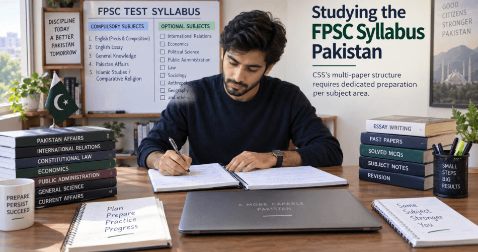 Candidate studying the FPSC test syllabus with subject notes organized on a desk