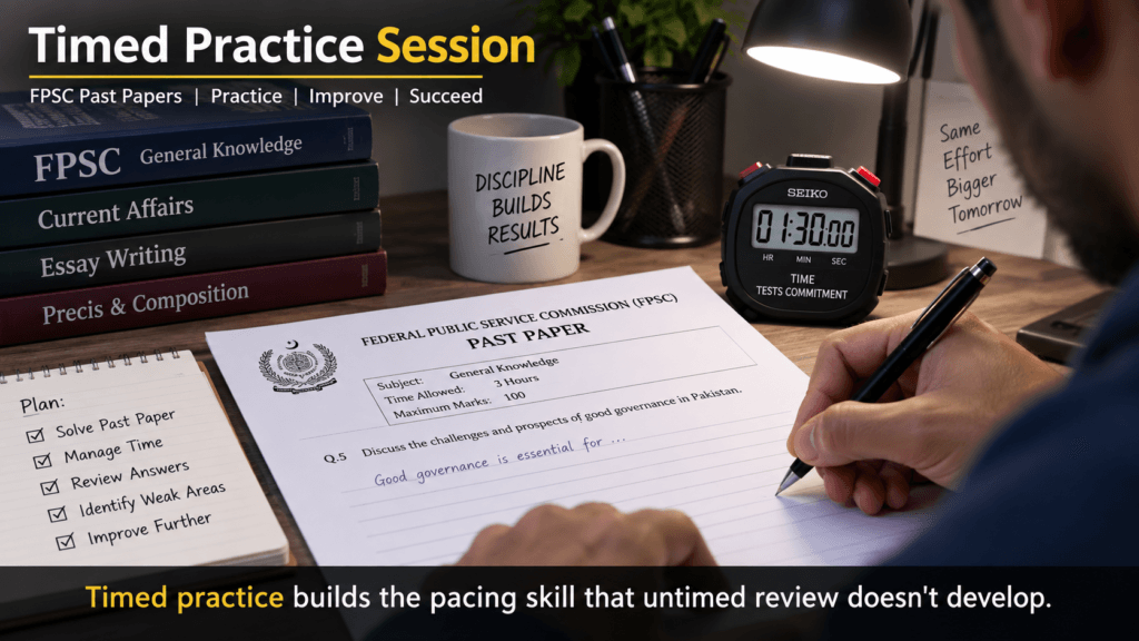 Candidate attempting a timed FPSC past paper with a stopwatch visible on the desk