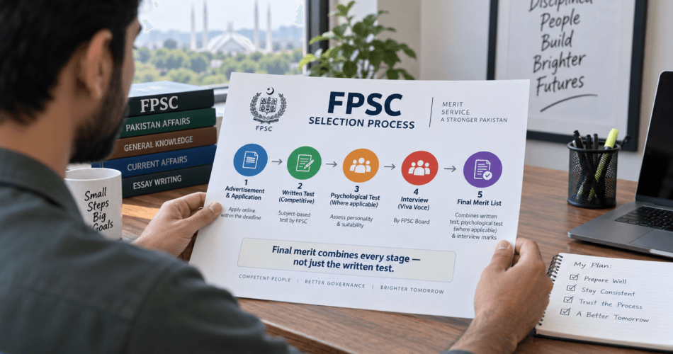 Diagram of the FPSC selection process stages being reviewed by a candidate at a desk