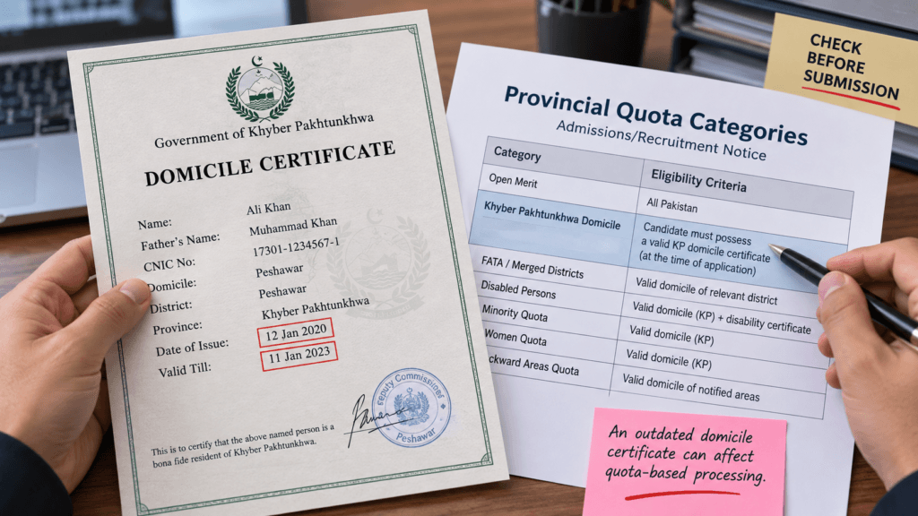 Domicile certificate checked against a provincial quota category before submission